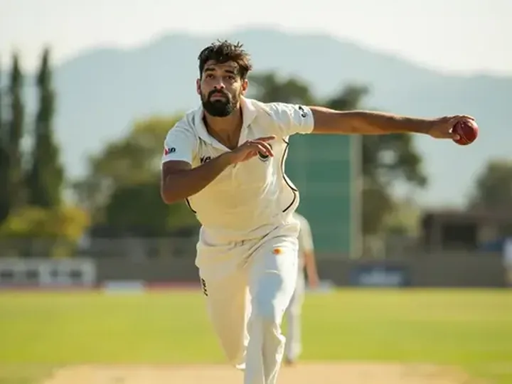 Indian fast bowler mid-delivery on a sunlit pitch with ball at point of release