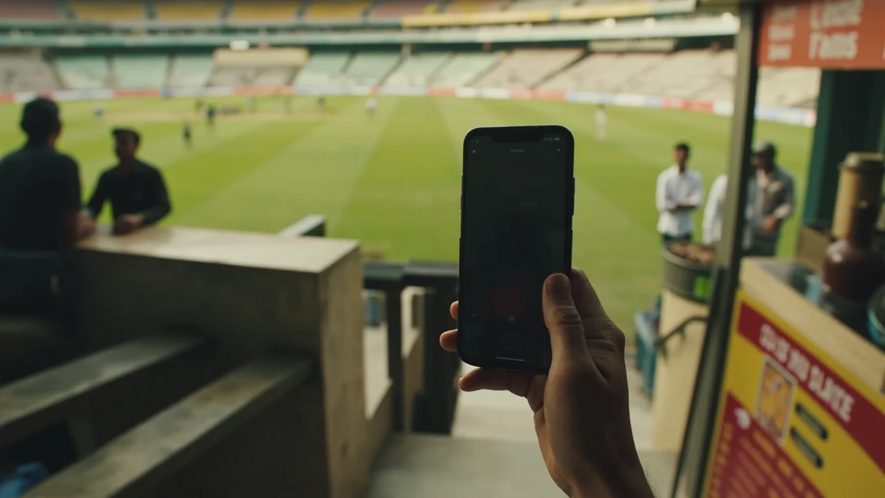 Editorial photograph of a stadium at night with the FanCode app install pattern on phone-shaped UI