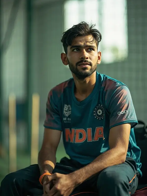 Top-order Indian cricket batter in training kit, three-quarter portrait at nets facility